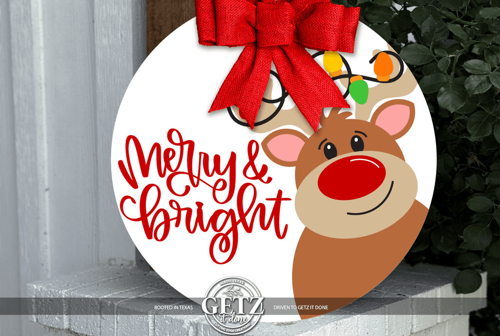 Merry & Bright Reindeer Door Sign • Christmas Rudolph Door Hanger • Holiday Porch Decor • Cute Christmas Round Sign • Laser Cut - 3D Layered Wood Door Sign by Getz It Done Studio