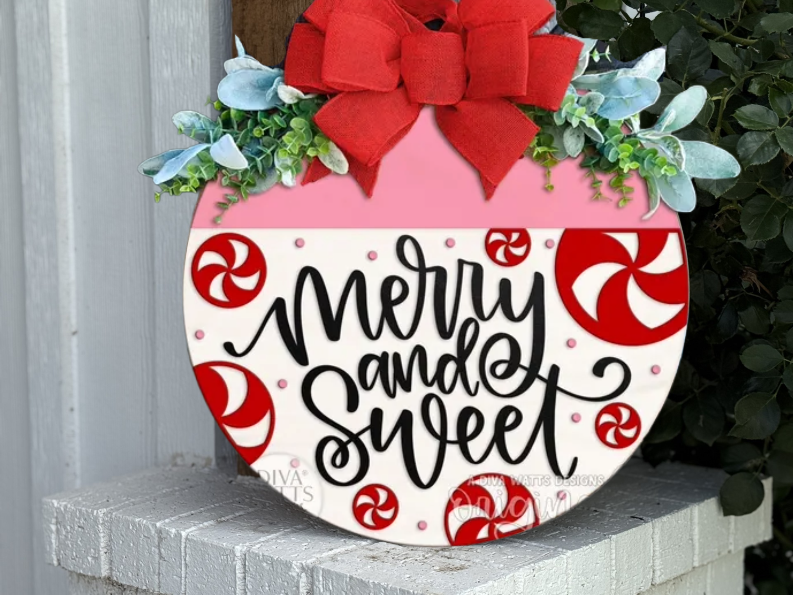 Merry and Sweet Door Sign – Candy Cane Christmas Door Hanger, Handmade Peppermint Holiday Sign, Cute Pink Red Christmas Decor