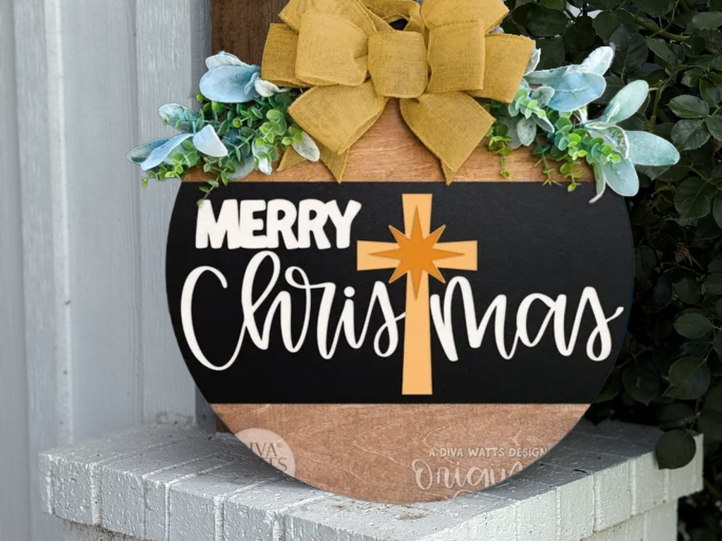 Merry Christmas Door Sign – Religious Christmas Door Hanger with Cross, Handmade Layered Wood Christian Holiday Porch Decor
