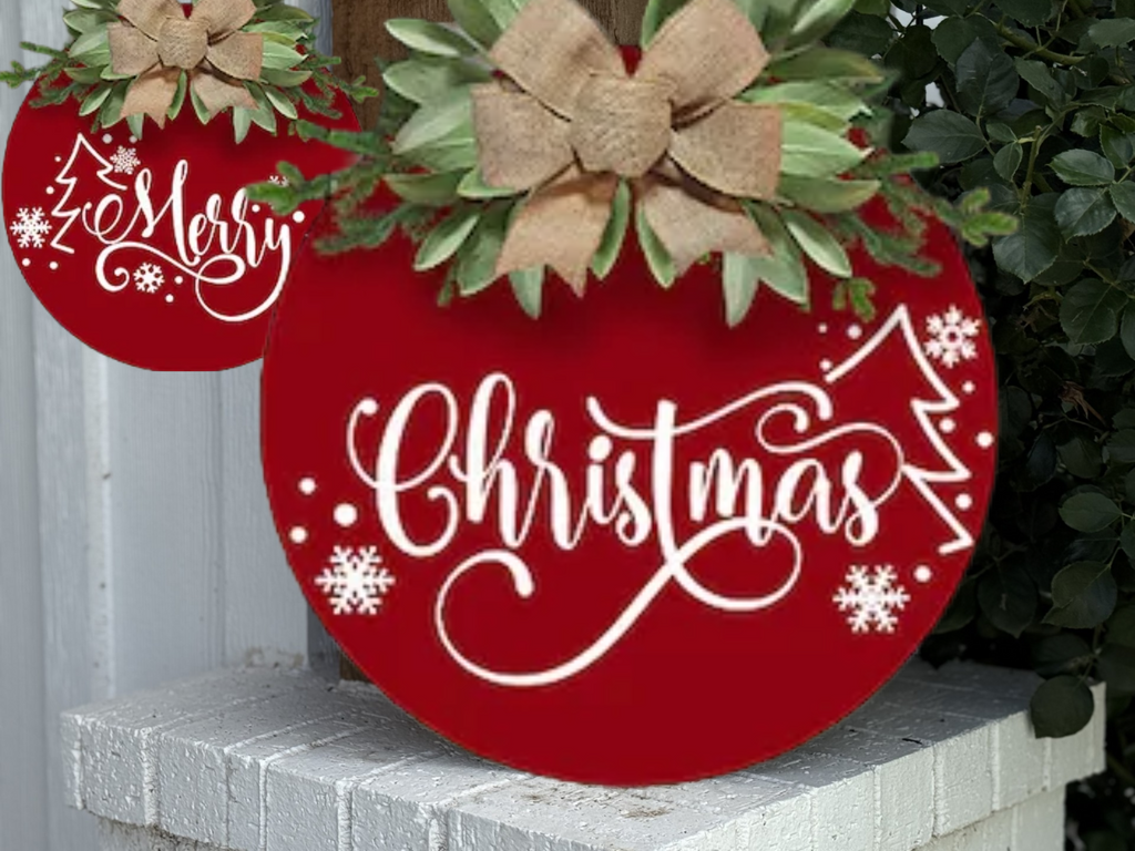Merry Christmas Double Door Sign Set • Red Winter Door Hangers • Snowflake Holiday Porch Decor • Two-Piece Christmas Entryway Sign Bundle