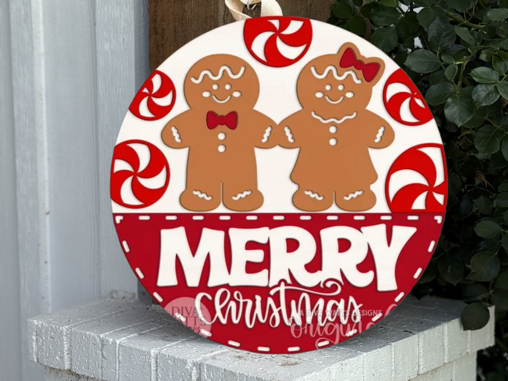 Merry Christmas Gingerbread Door Sign – Peppermint and Cookie Couple Door Hanger, Handmade Layered Wood Holiday Decor