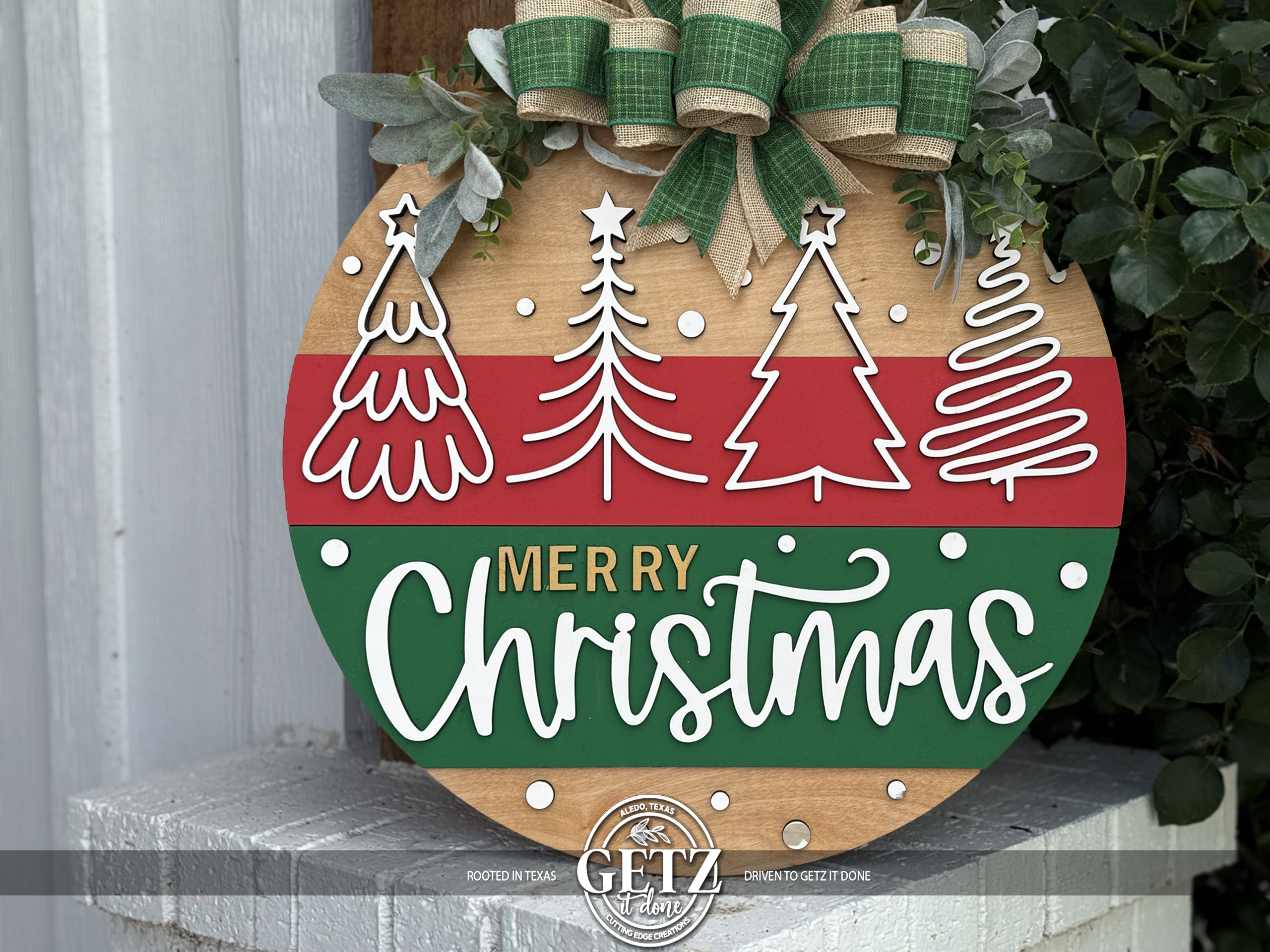 4 Hand-Drawn Tree Christmas Sign • Merry Christmas Door Round • Holiday Porch Décor • Layered Wood Handmade Door Hanger