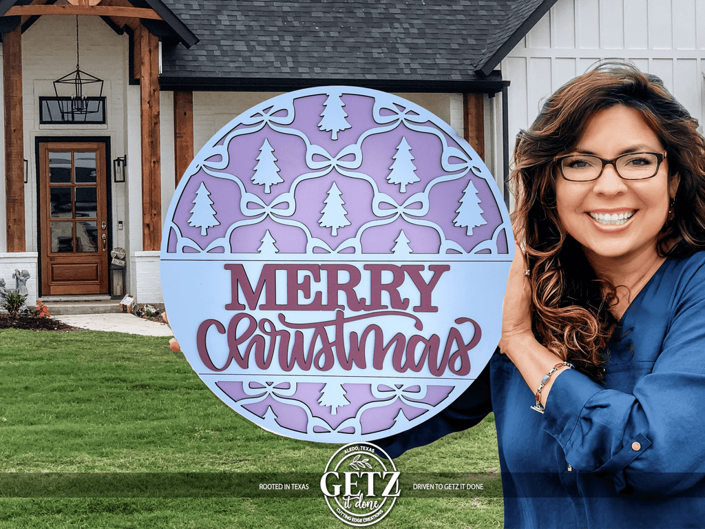 Merry Christmas Sign | Pink and White Layered Door Hanger | Christmas Trees & Bows Decor | Holiday Front Door Sign | Layered Wood Round - 3D Layered Wood Door Sign by Getz It Done Studio