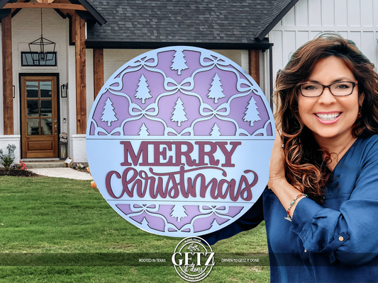 Merry Christmas Sign | Pink and White Layered Door Hanger | Christmas Trees & Bows Decor | Holiday Front Door Sign | Layered Wood Round