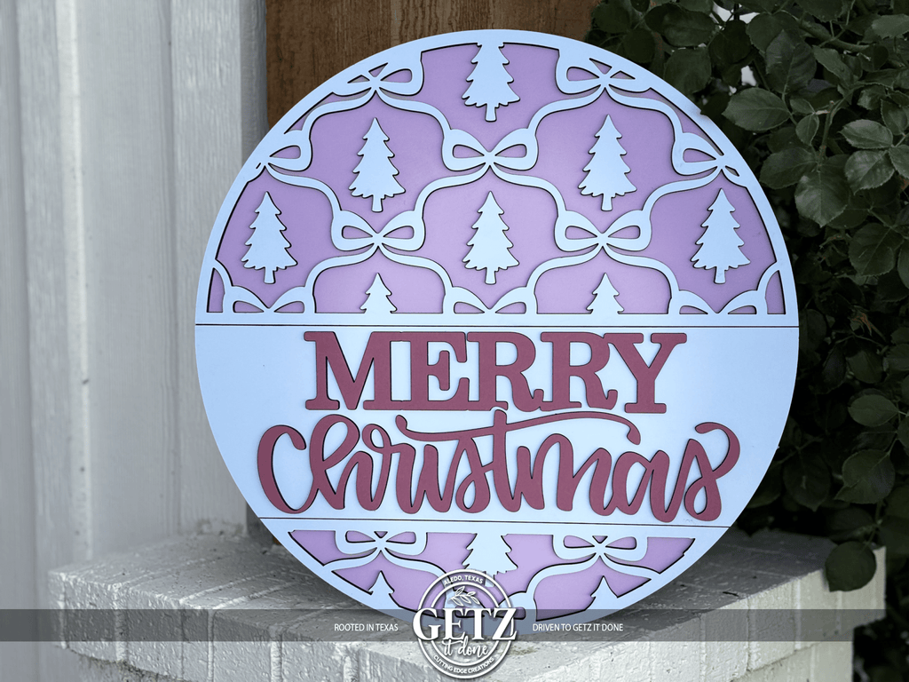 Merry Christmas Sign | Pink and White Layered Door Hanger | Christmas Trees & Bows Decor | Holiday Front Door Sign | Layered Wood Round - 3D Layered Wood Door Sign by Getz It Done Studio