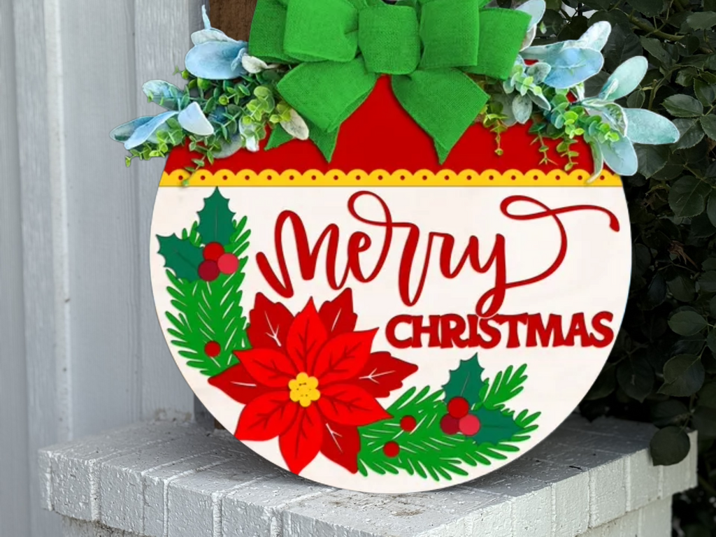 Merry Christmas Door Sign – Poinsettia Christmas Door Hanger, Holiday Front Porch Decor, Handmade Layered Wood Farmhouse Sign
