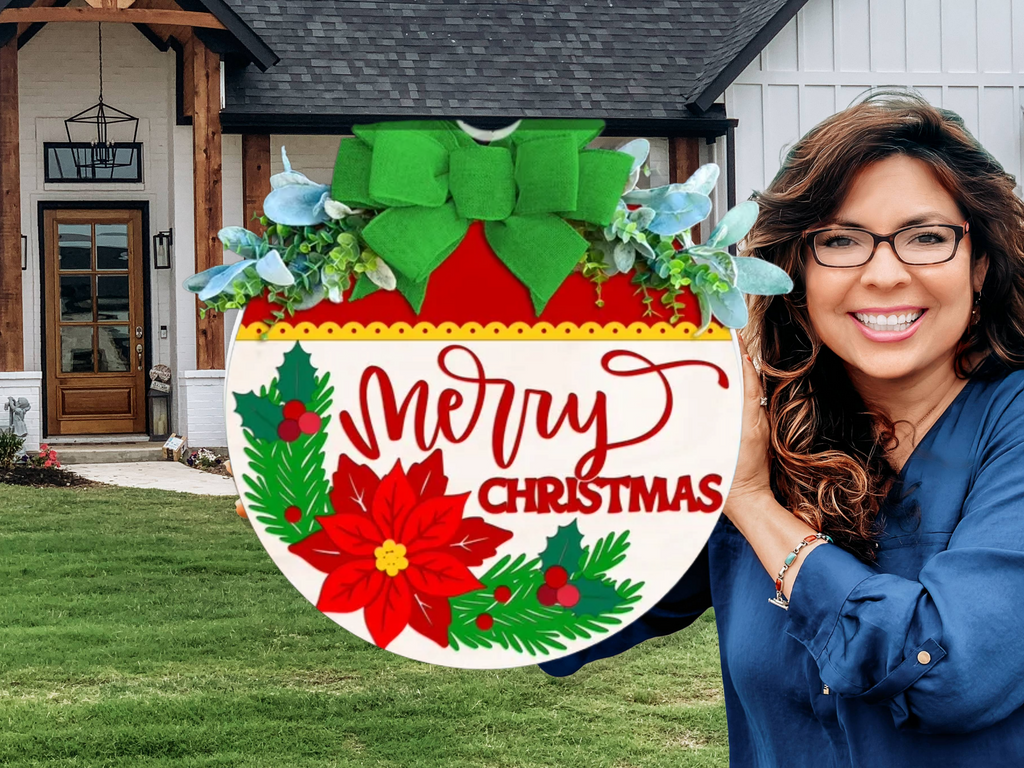 Merry Christmas Door Sign – Poinsettia Christmas Door Hanger, Holiday Front Porch Decor, Handmade Layered Wood Farmhouse Sign