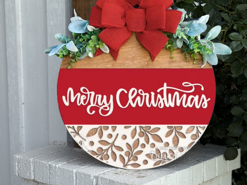 Merry Christmas Door Hanger | Red & Wood Winter Sign | Holiday Front Door Decor | Christmas Porch Decor | Handmade Laser Cut Round