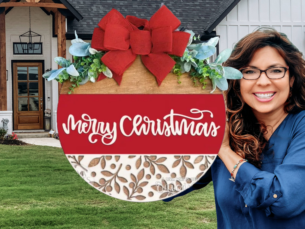 Merry Christmas Door Hanger | Red & Wood Winter Sign | Holiday Front Door Decor | Christmas Porch Decor | Handmade Laser Cut Round
