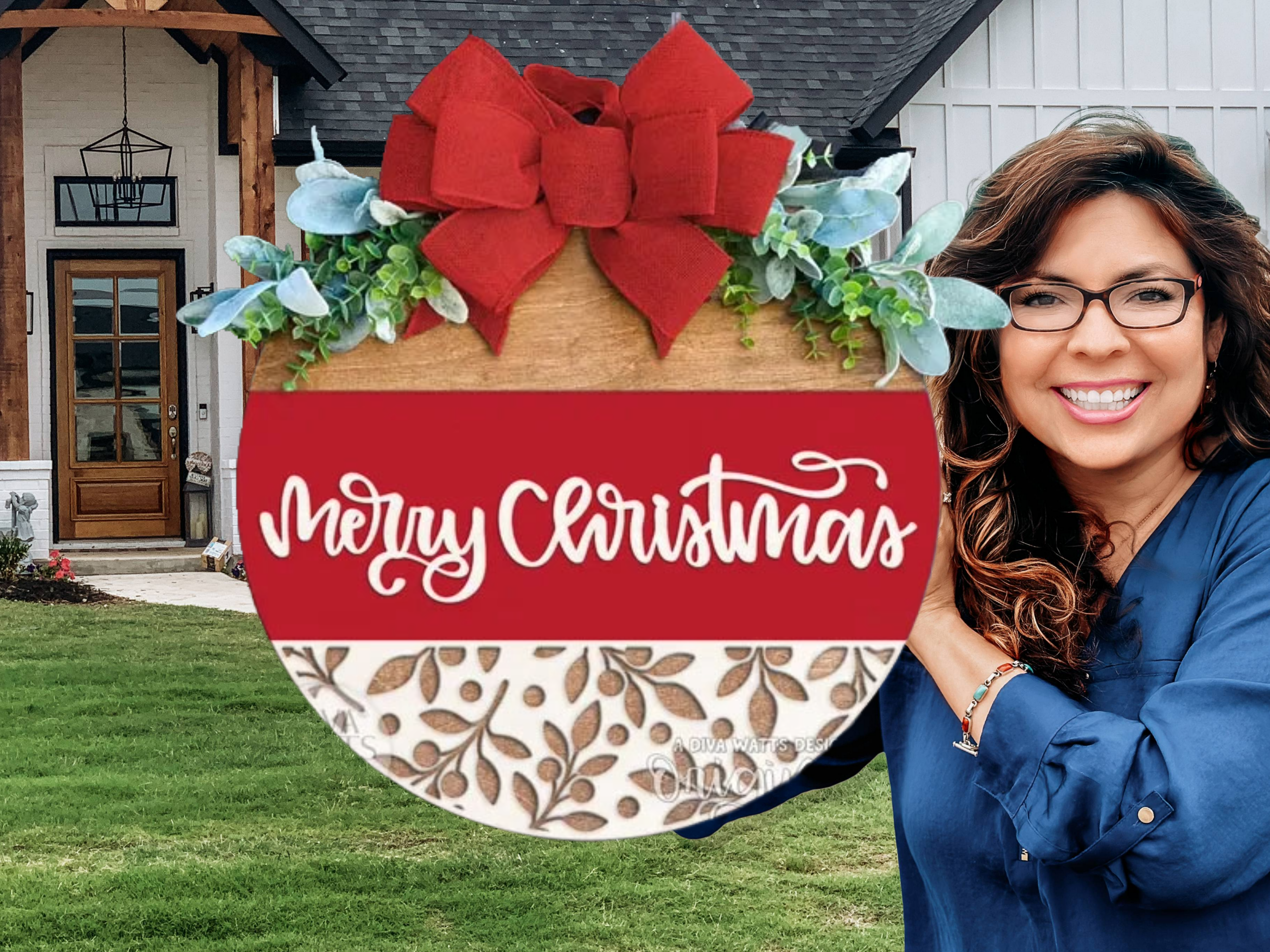 Merry Christmas Door Hanger | Red & Wood Winter Sign | Holiday Front Door Decor | Christmas Porch Decor | Handmade Laser Cut Round