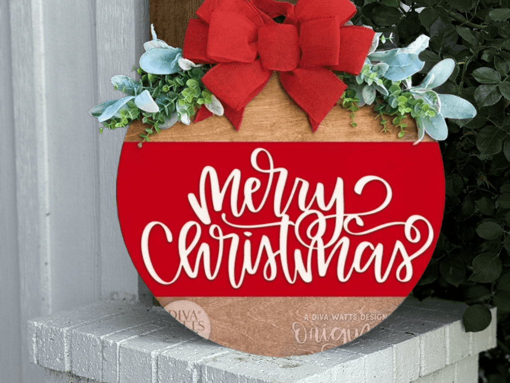 Merry Christmas Door Sign – Red and Wood Christmas Door Hanger, Handmade Layered Wood Farmhouse Holiday Porch Decor - 3D Layered Wood Door Sign by Getz It Done Studio