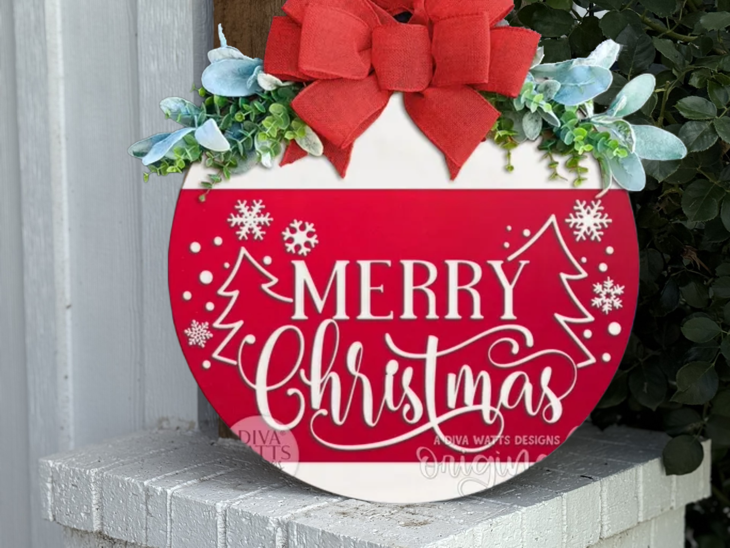 Merry Christmas Door Sign – Red Christmas Tree Door Hanger, Handmade Layered Wood Holiday Decor with Bow and Greenery