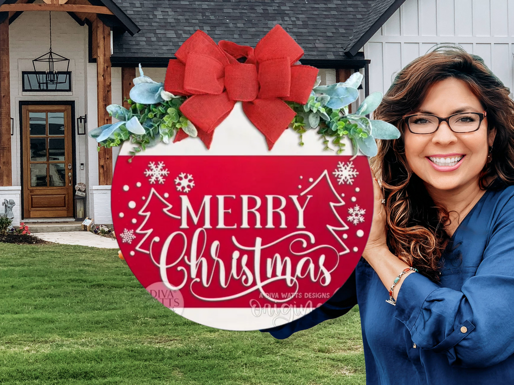 Merry Christmas Door Sign – Red Christmas Tree Door Hanger, Handmade Layered Wood Holiday Decor with Bow and Greenery