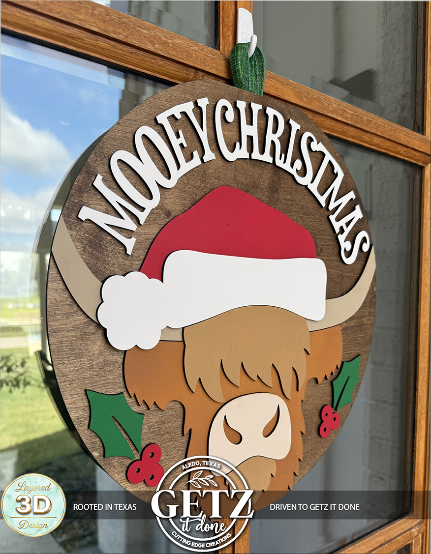3D Layered "Mooey Christmas" Highland Cow Wooden Door Sign - Seasonal Porch Decor