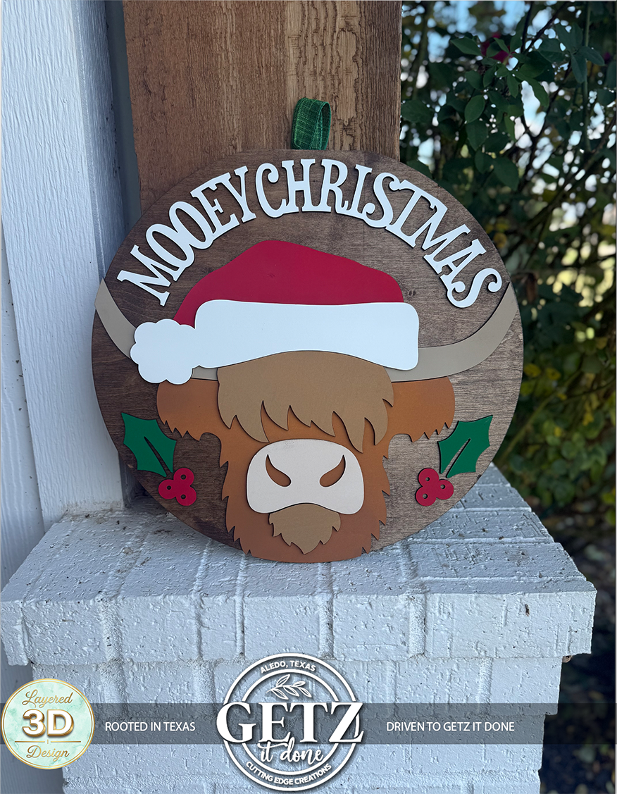 3D Layered "Mooey Christmas" Highland Cow Wooden Door Sign - Seasonal Porch Decor