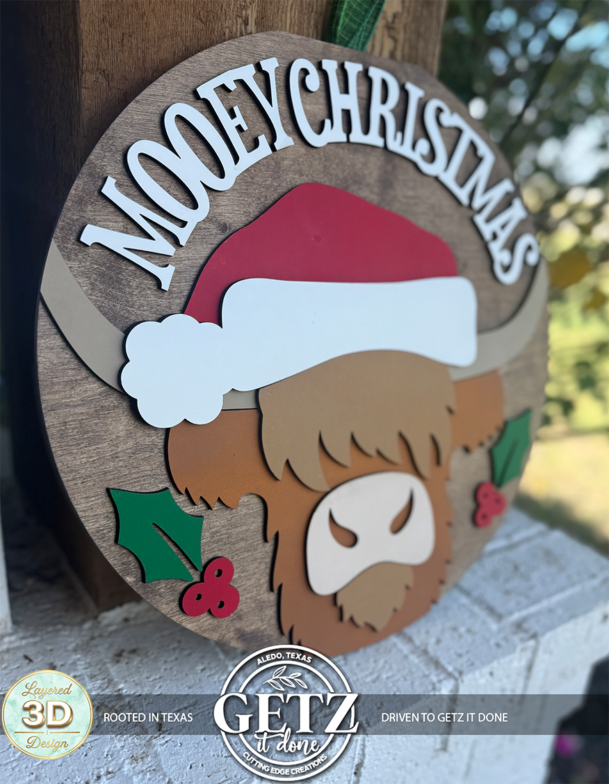 3D Layered "Mooey Christmas" Highland Cow Wooden Door Sign - Seasonal Porch Decor