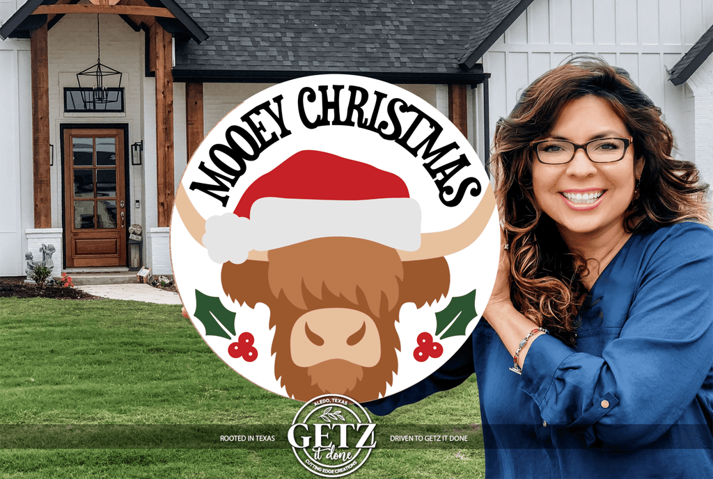 Mooey Christmas Sign | Highland Cow Christmas Decor | Funny Holiday Door Hanger | Farmhouse Christmas Sign | Cute Cow Christmas Porch Decor - 3D Layered Wood Door Sign by Getz It Done Studio