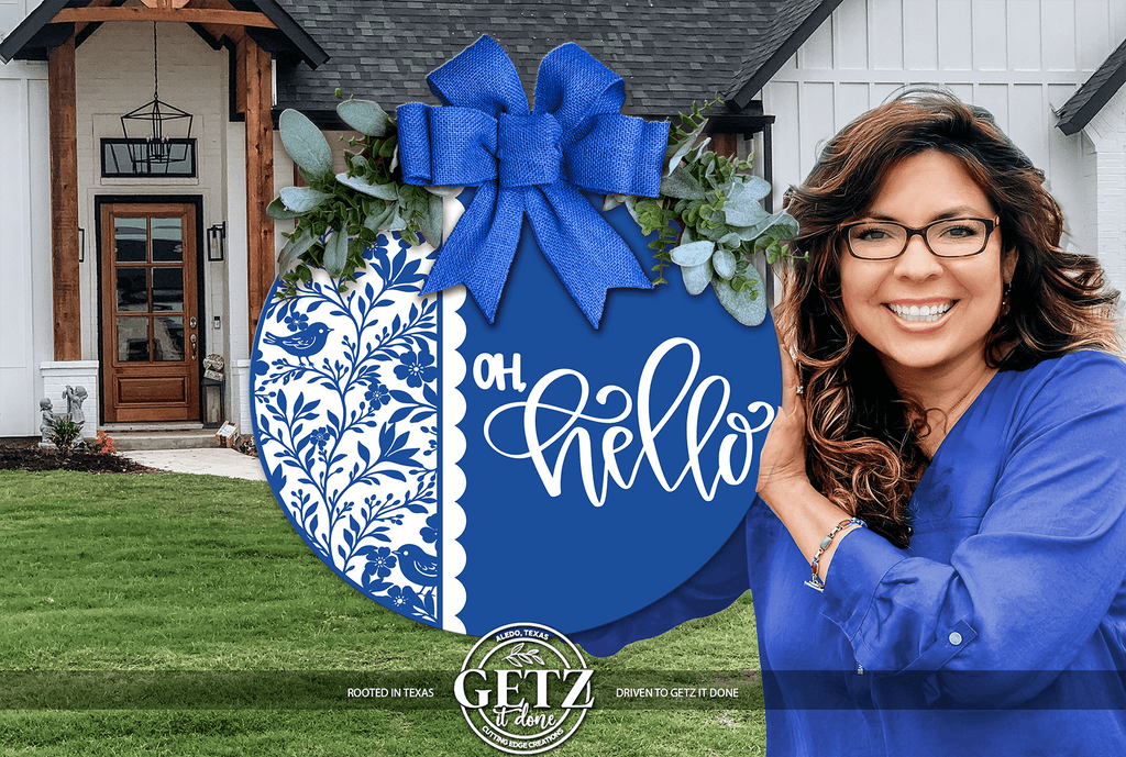 Blue and White Oh Hello Door Sign | Spring Front Door Decor | Farmhouse Porch Sign | Laser Cut Wooden Wreath - 3D Layered Wood Door Sign by Getz It Done Studio