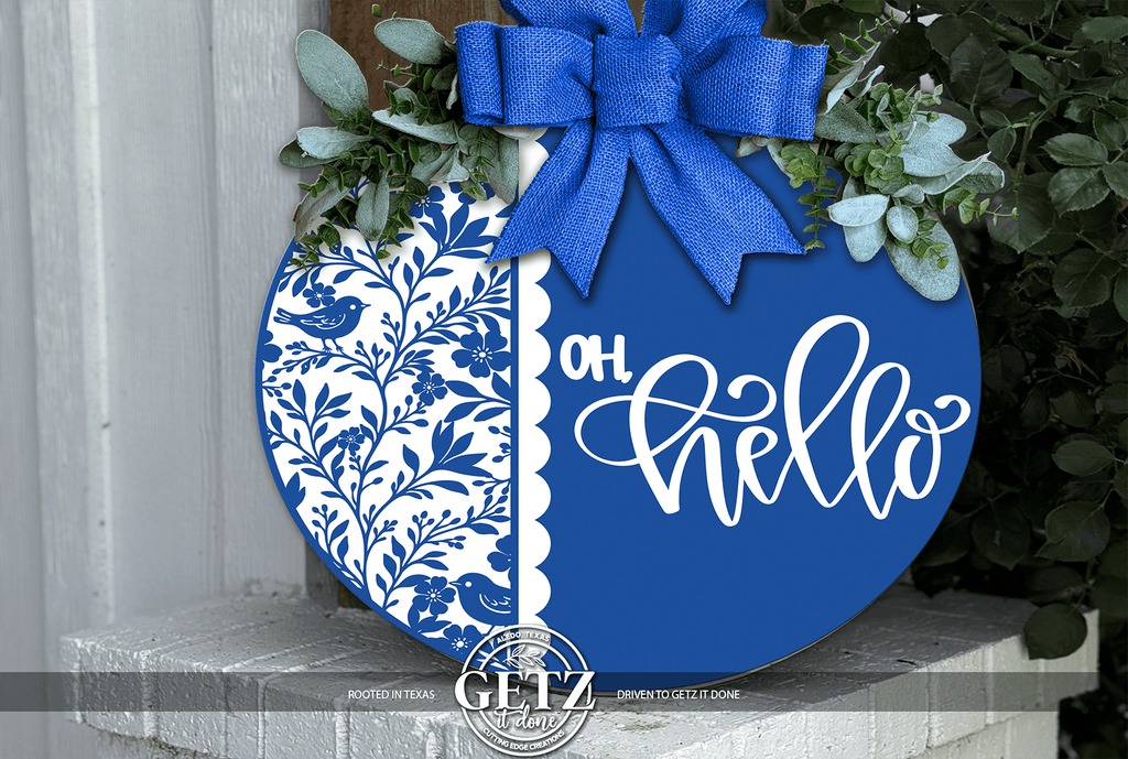 Blue and White Oh Hello Door Sign | Spring Front Door Decor | Farmhouse Porch Sign | Laser Cut Wooden Wreath - 3D Layered Wood Door Sign by Getz It Done Studio