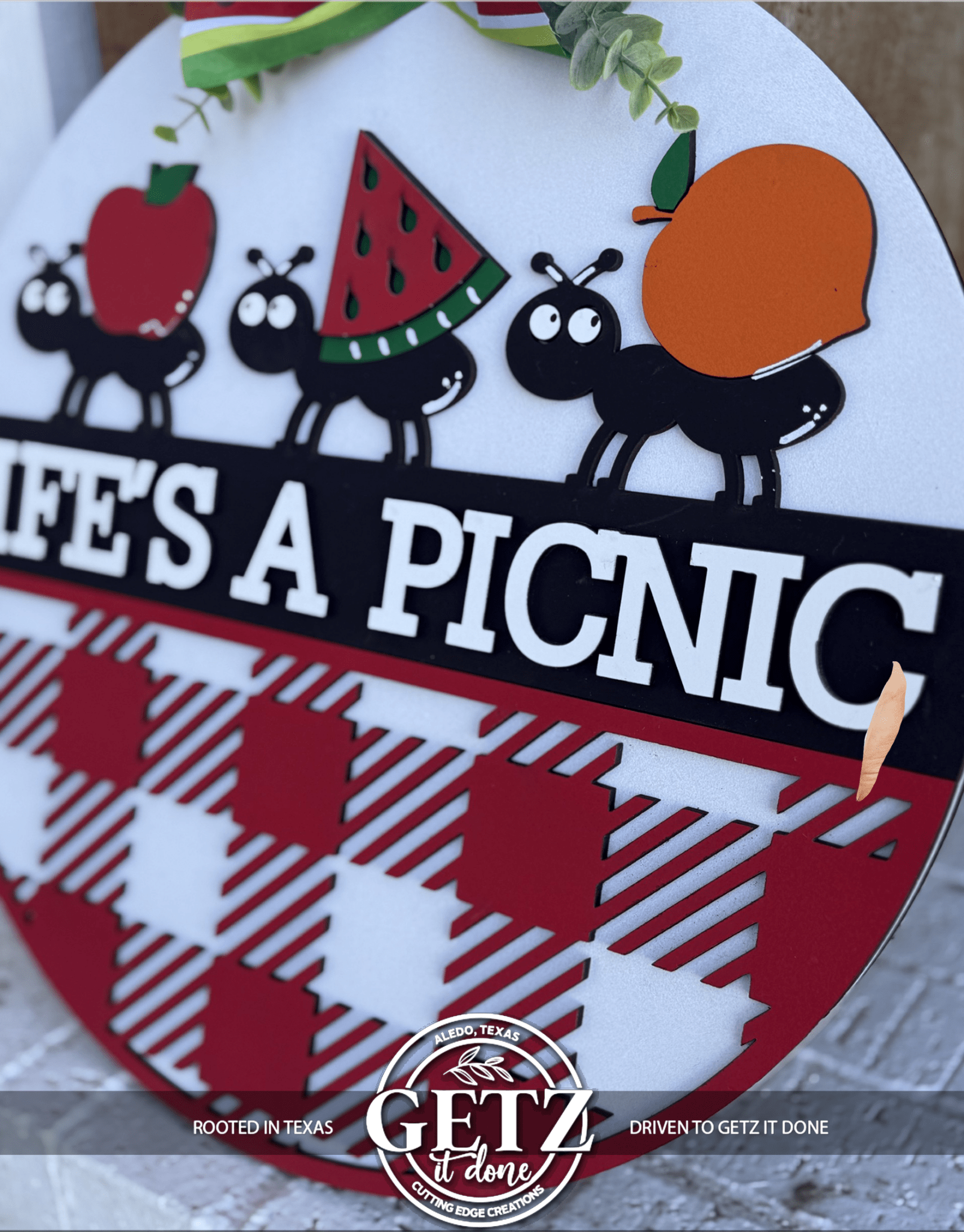 Life’s a Picnic Door Hanger, Summer Ant Door Sign, Watermelon Picnic Wreath, Layered Wood Front Door Decor, Outdoor Summer Sign - 3D Layered Wood Door Sign by Getz It Done Studio