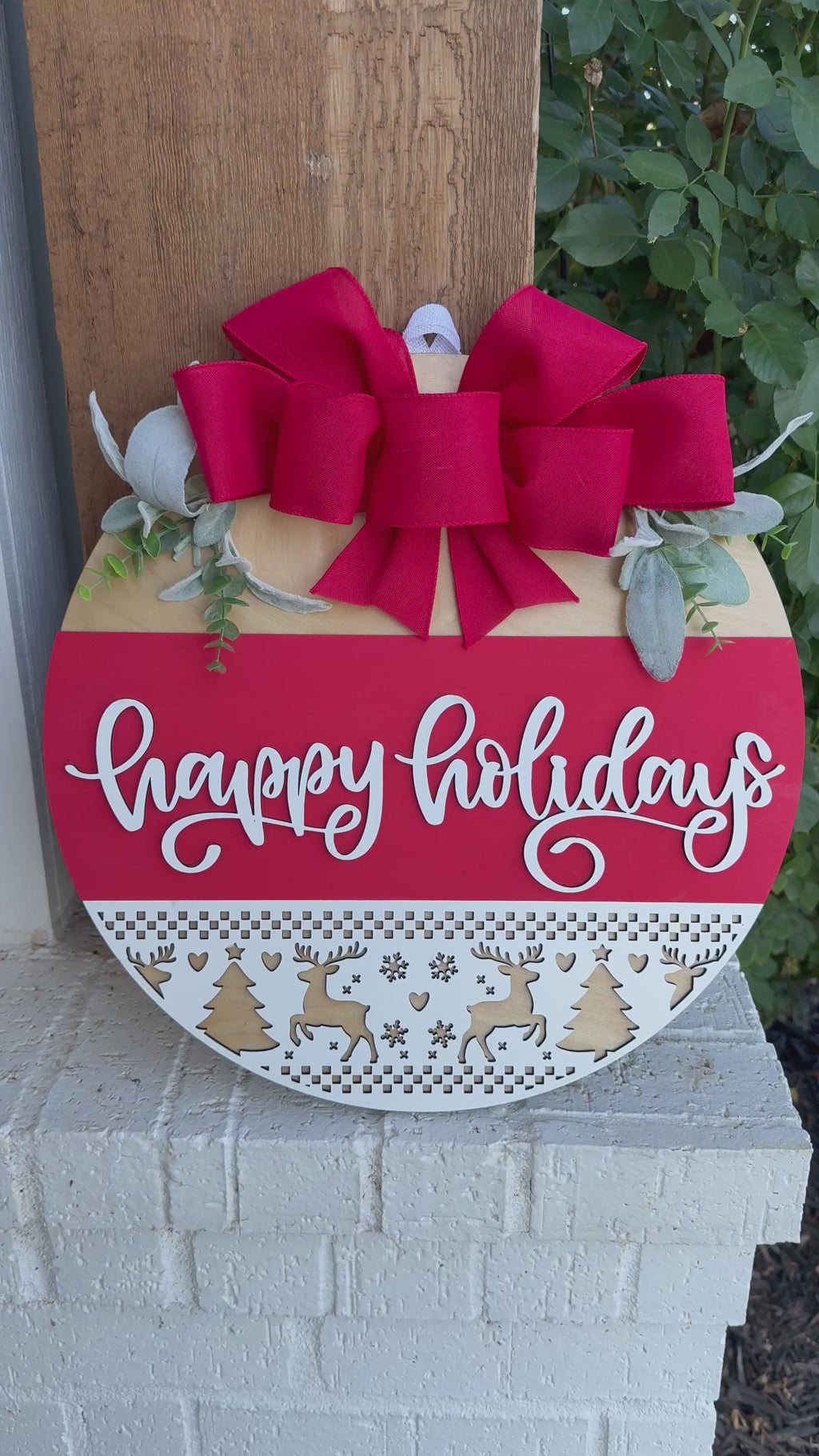 Happy Holidays Door Sign | Rustic Farmhouse Christmas Door Hanger | Red Holiday Front Porch Sign with Reindeer & Trees | Winter Decor