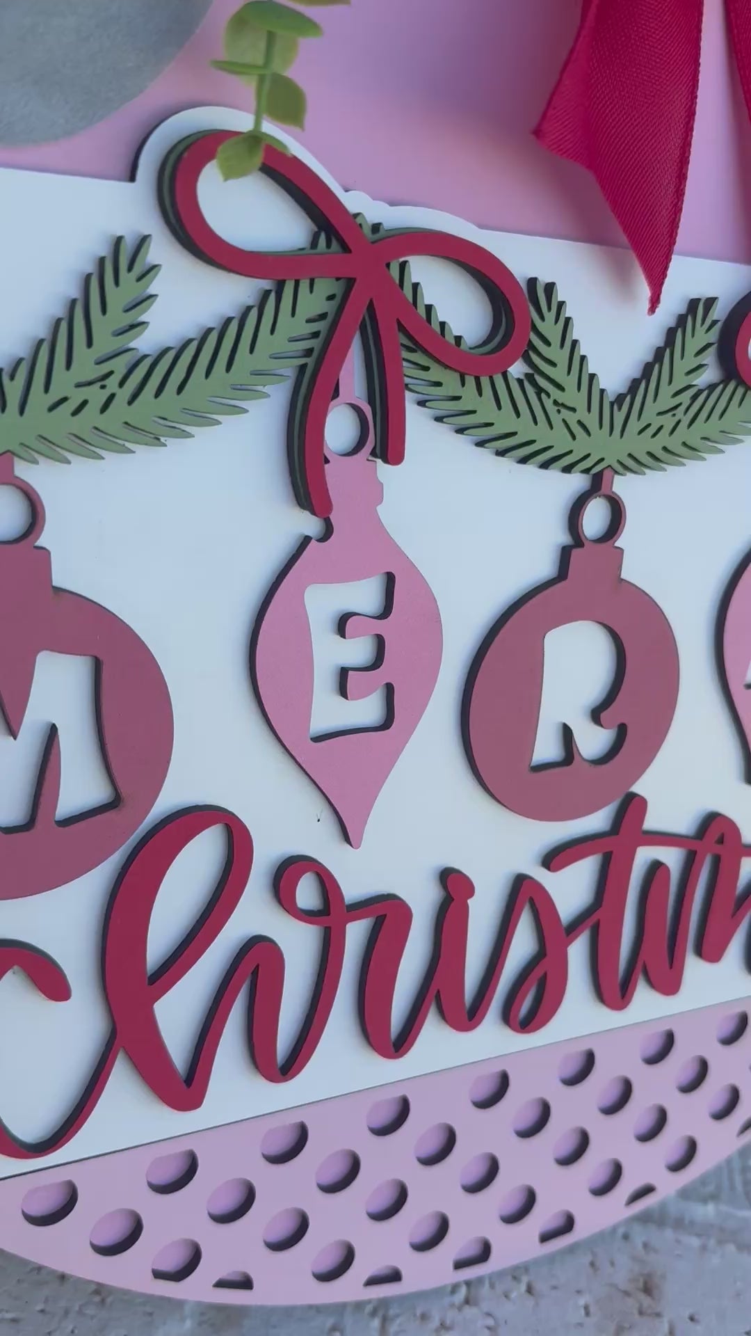 Merry Christmas Ornaments Door Sign – 3D Layered Wooden Holiday Wreath, Farmhouse Christmas Front Door Hanger with Pink Bow