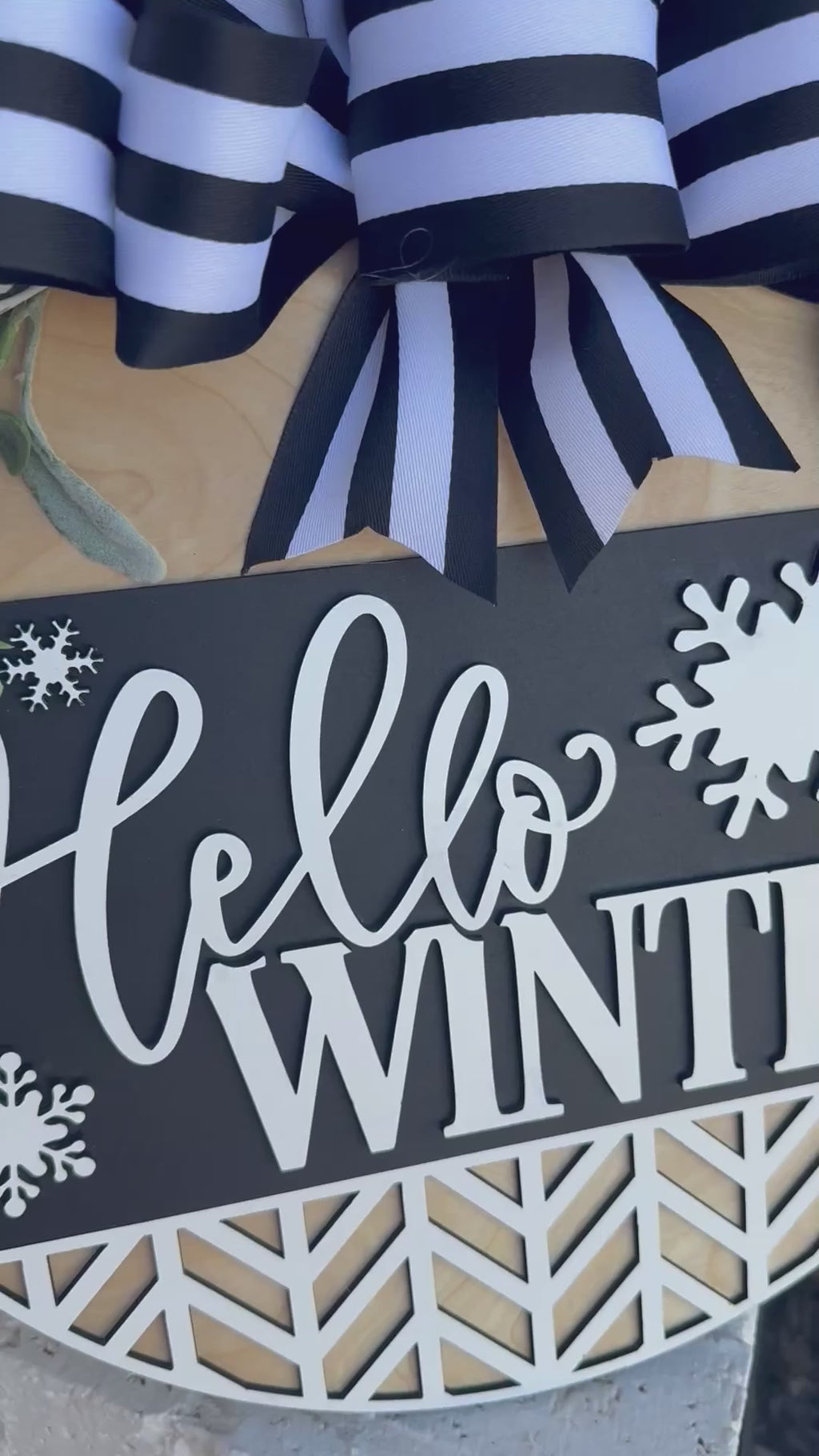 Hello Winter Door Sign – Black and White Winter Door Hanger, Snowflake Porch Decor, Farmhouse Winter Sign, Handmade Layered Wood