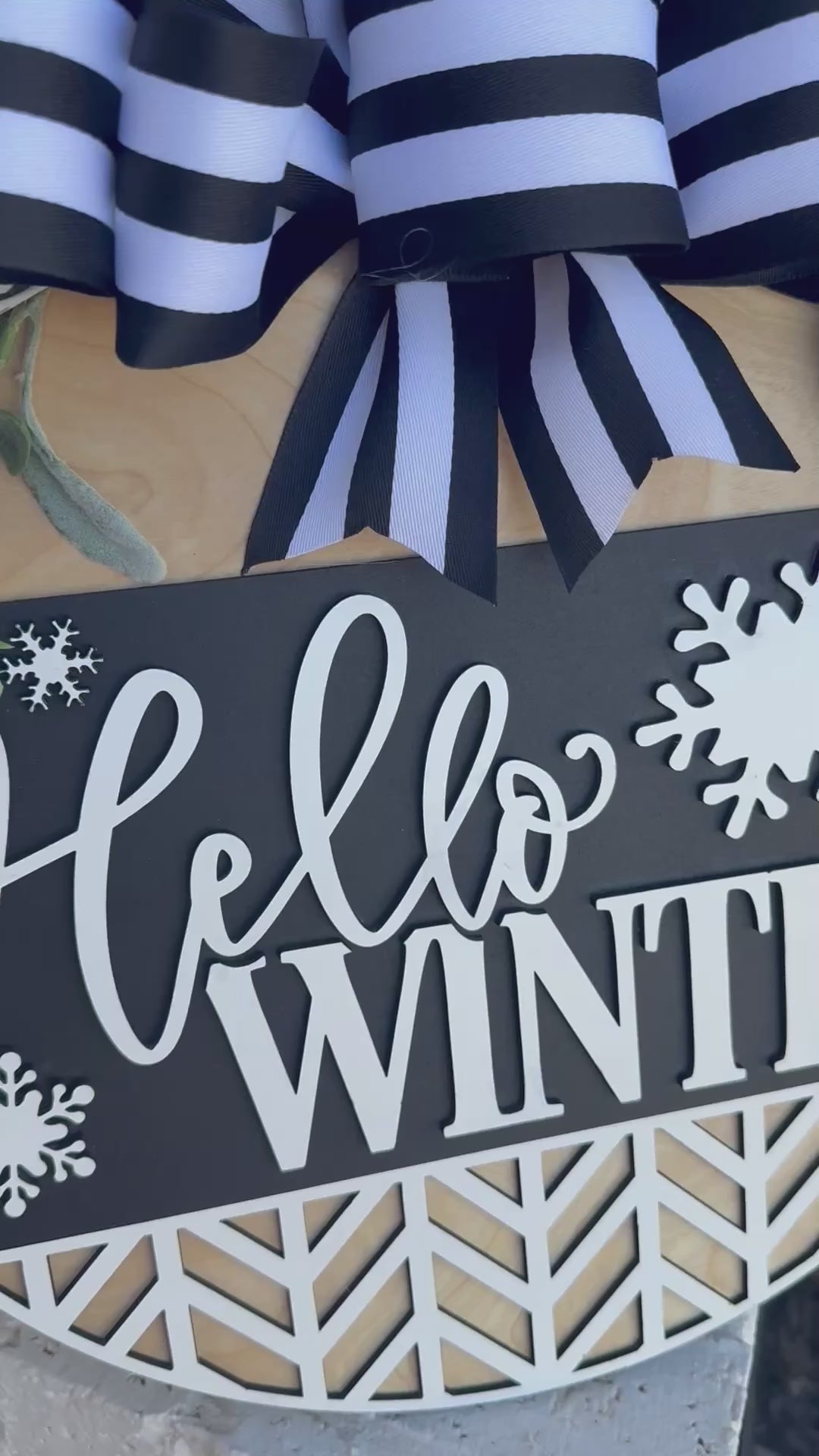 Hello Winter Door Sign – Black and White Winter Door Hanger, Snowflake Porch Decor, Farmhouse Winter Sign, Handmade Layered Wood