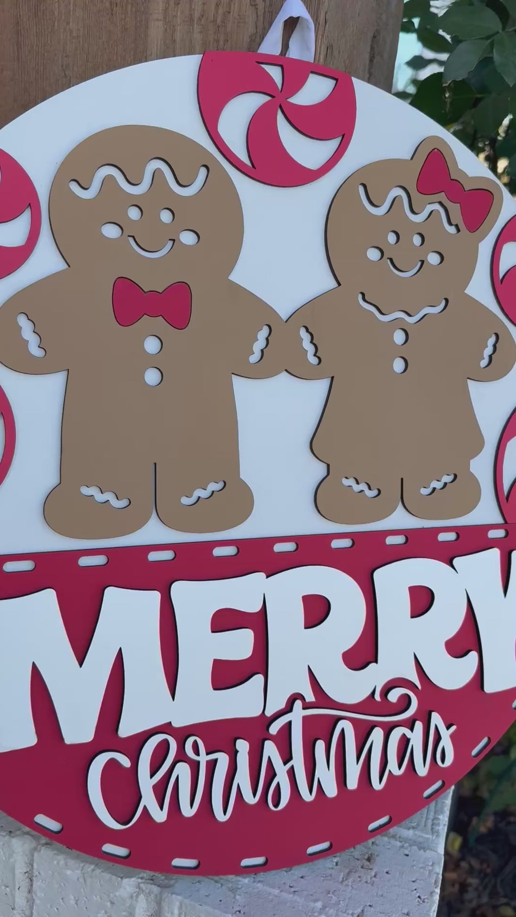 Merry Christmas Gingerbread Door Sign – Peppermint and Cookie Couple Door Hanger, Handmade Layered Wood Holiday Decor