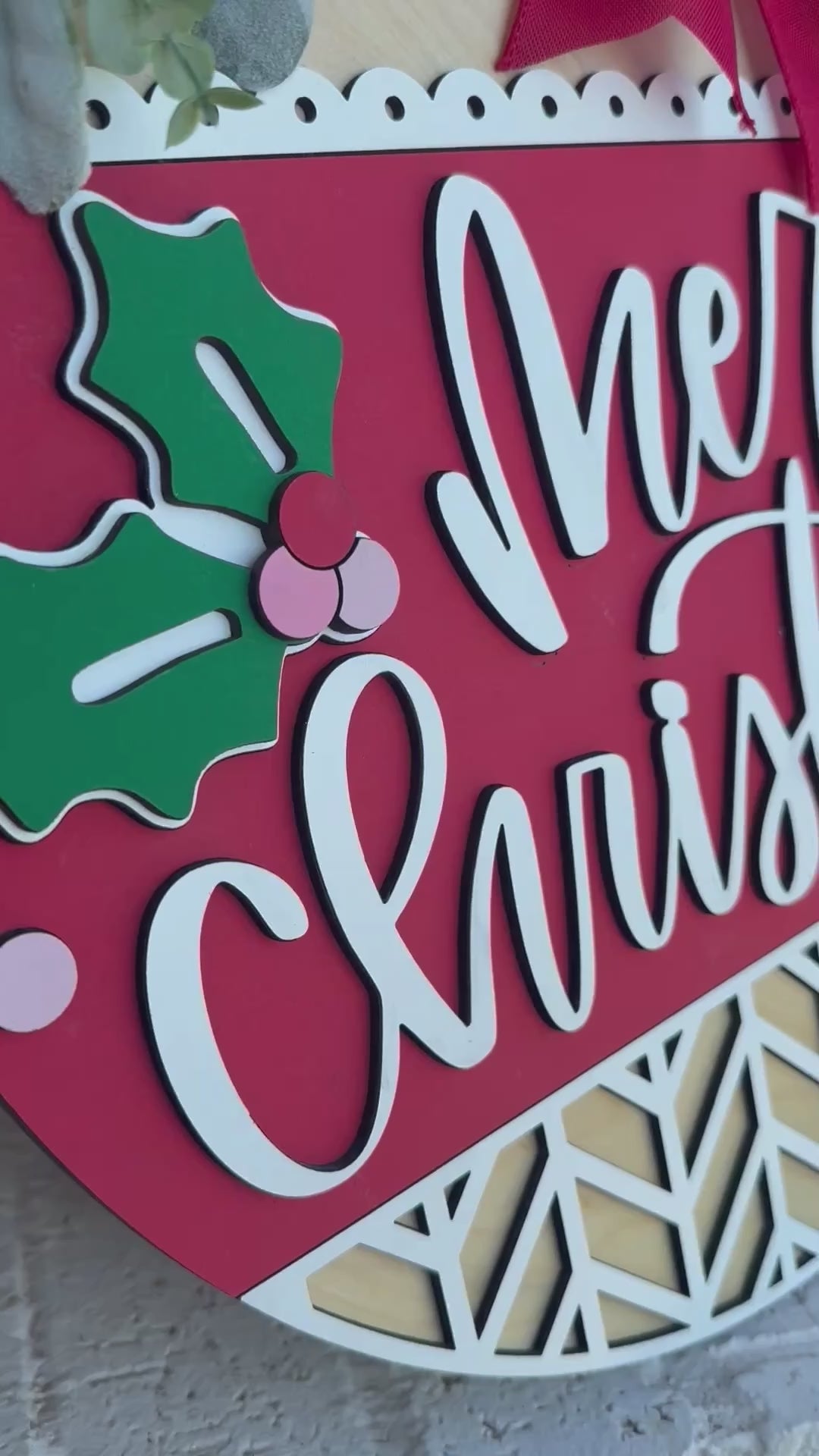 Merry Christmas Door Sign with Holly & Red Bow – Laser Cut Wooden Holiday Wreath for Front Porch – Farmhouse Christmas Décor