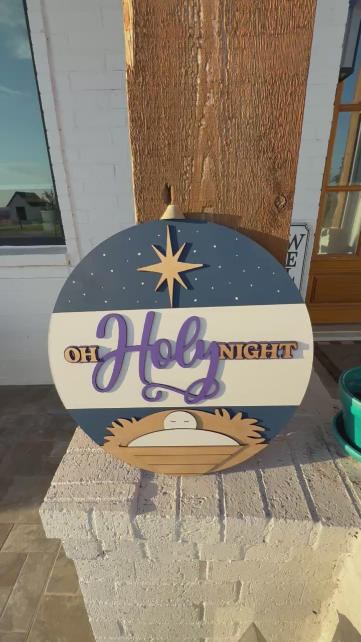 Oh Holy Night Nativity Door Sign | Christian Christmas Decor | Religious Holiday Porch Hanger | Baby Jesus Manger Wall Art
