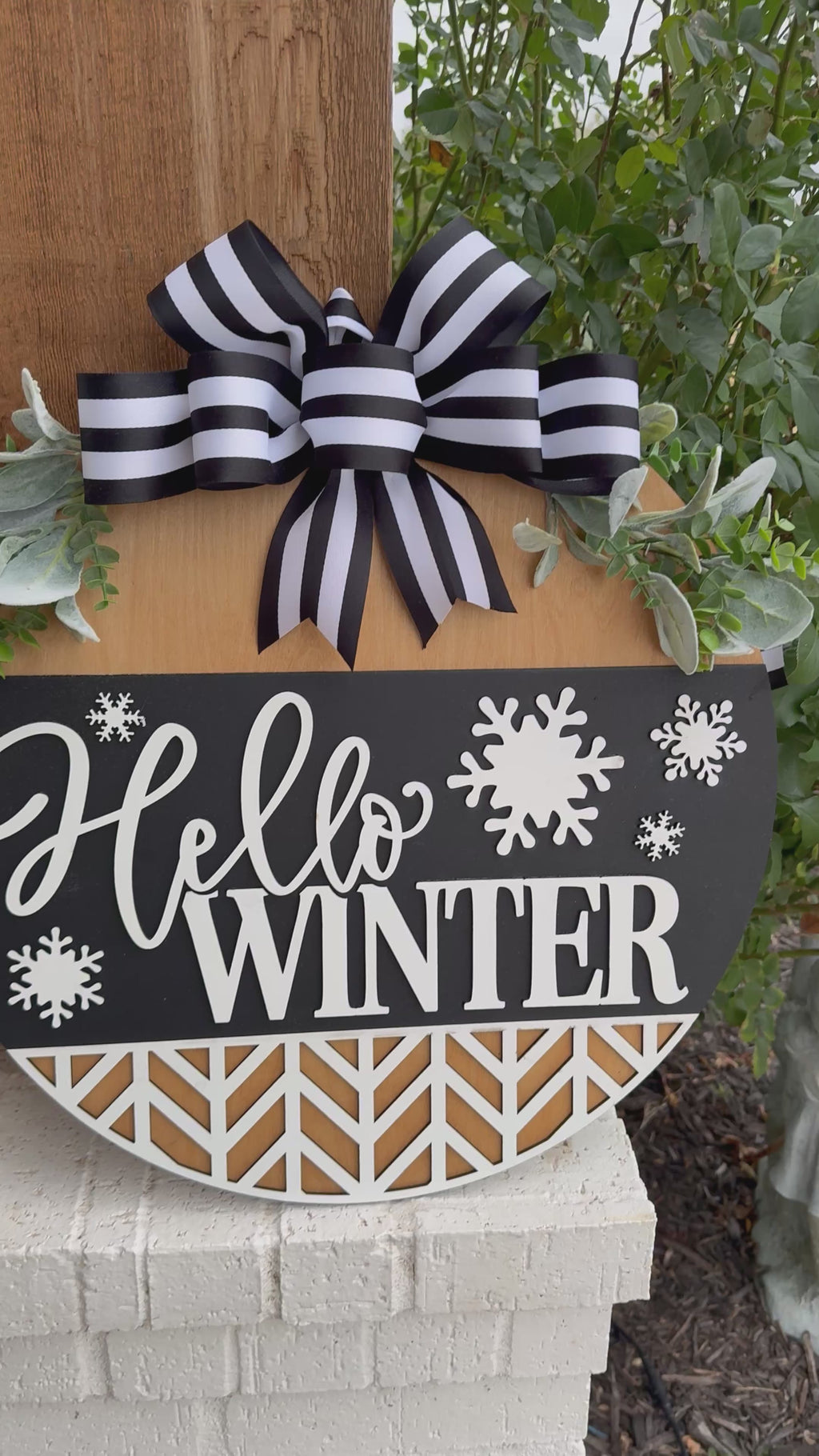 Hello Winter Door Sign – Black and White Winter Door Hanger, Snowflake Porch Decor, Farmhouse Winter Sign, Handmade Layered Wood