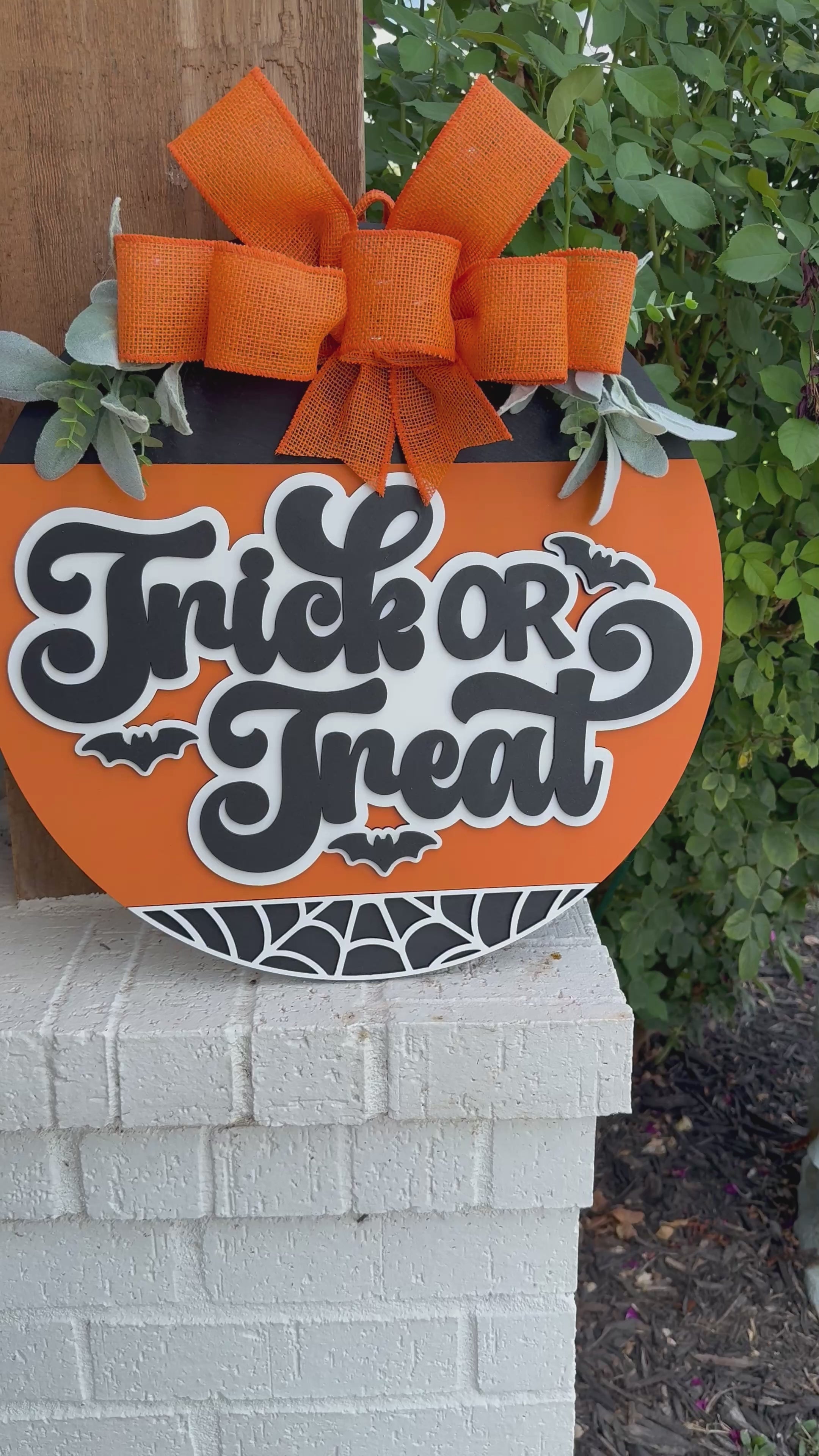 Trick or Treat Halloween Door Sign – Orange & Black Spider Web Wreath, 3D Layered Laser Cut Pumpkin Door Hanger with Bow