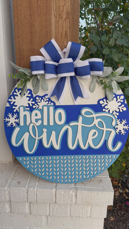 Hello Winter Door Sign | Blue Snowflake Winter Door Hanger | Farmhouse Winter Porch Décor | Seasonal Front Door Sign with Bow