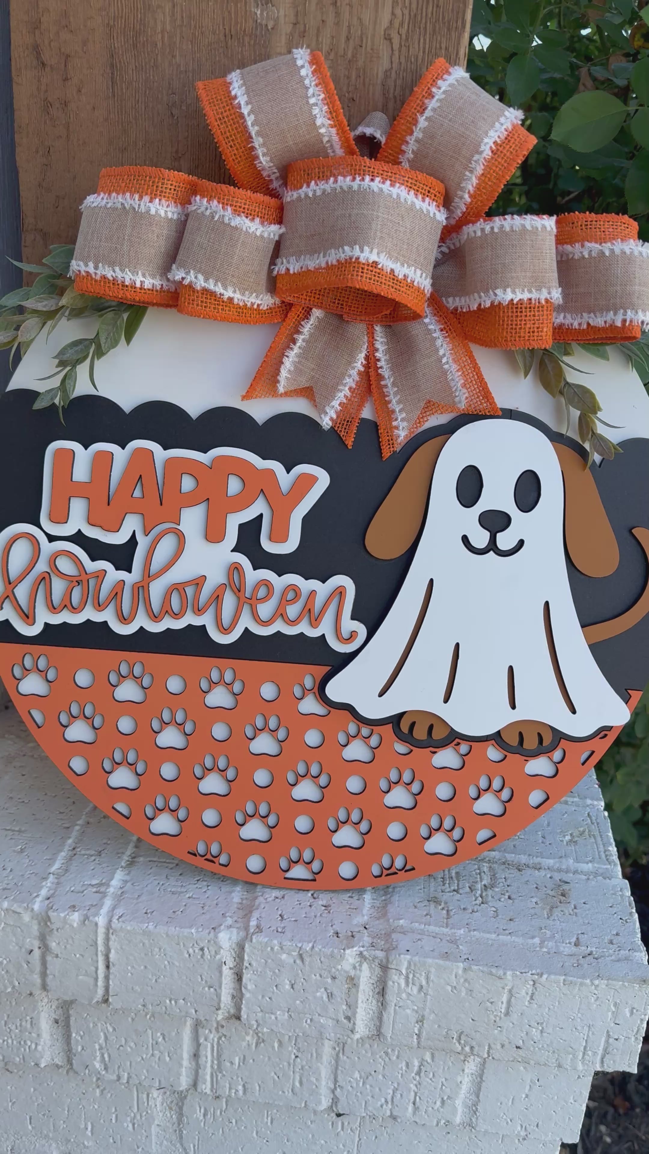Happy Howloween Dog Door Sign | Halloween Ghost Puppy Wreath | Pet Lover Fall Porch Decor | Laser Cut Layered Wooden Door Hanger