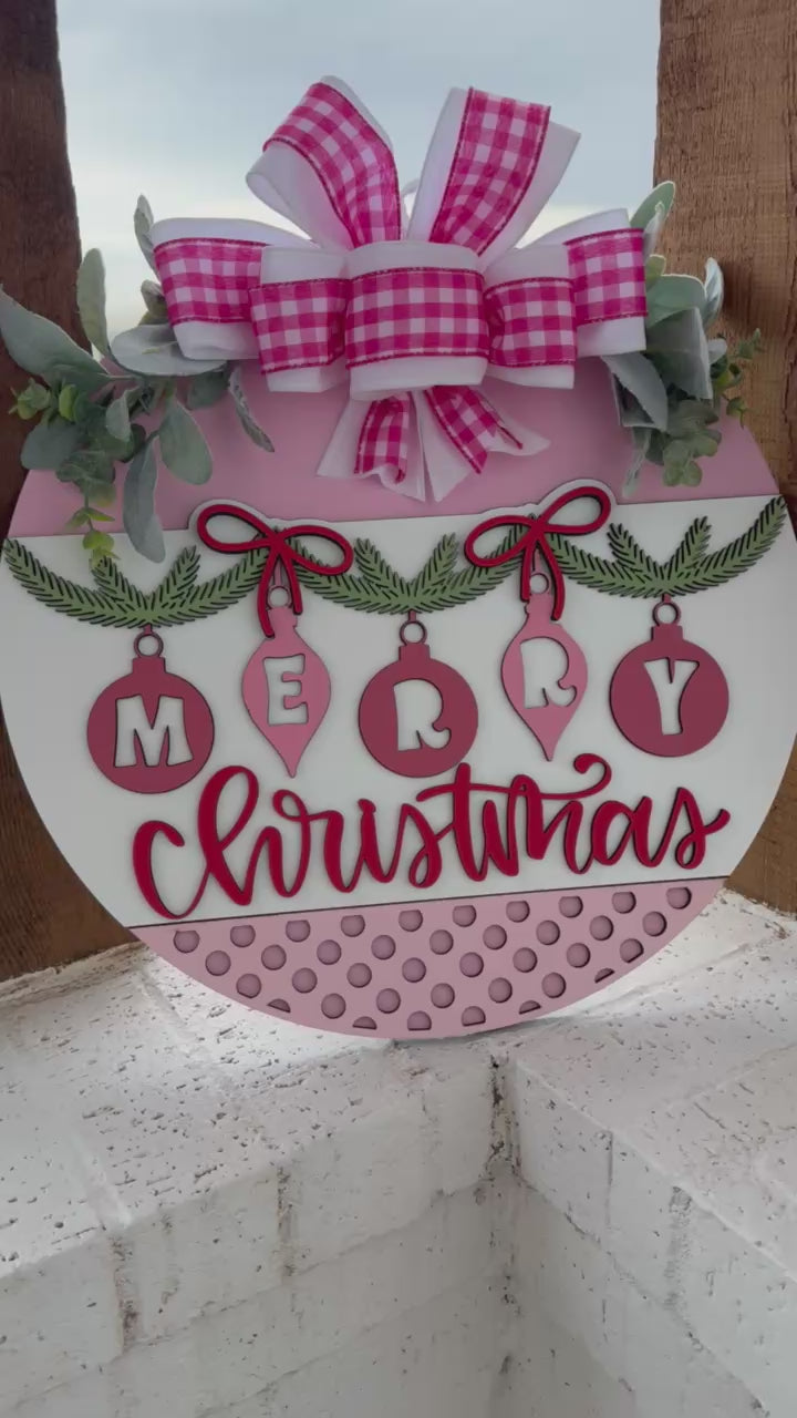 Merry Christmas Ornaments Door Sign – 3D Layered Wooden Holiday Wreath, Farmhouse Christmas Front Door Hanger with Pink Bow