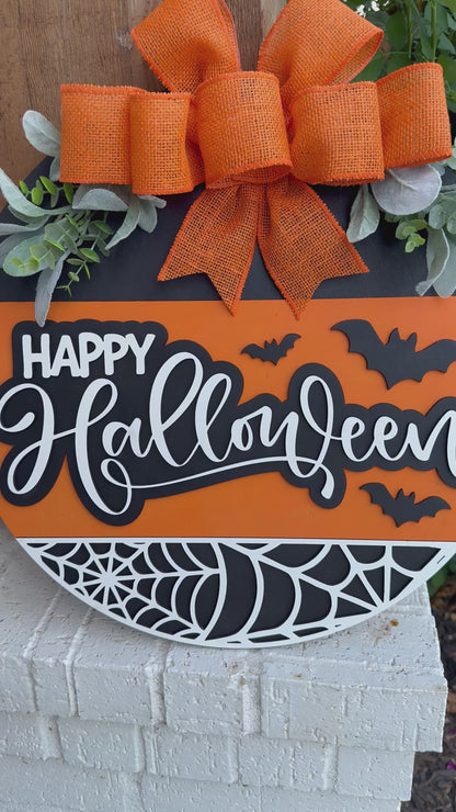 Happy Halloween Door Sign | Spider Web & Bats Porch Decor | Laser Cut Wood Sign | Hand Painted Halloween Wreath Alternative | 16"-20" Sizes