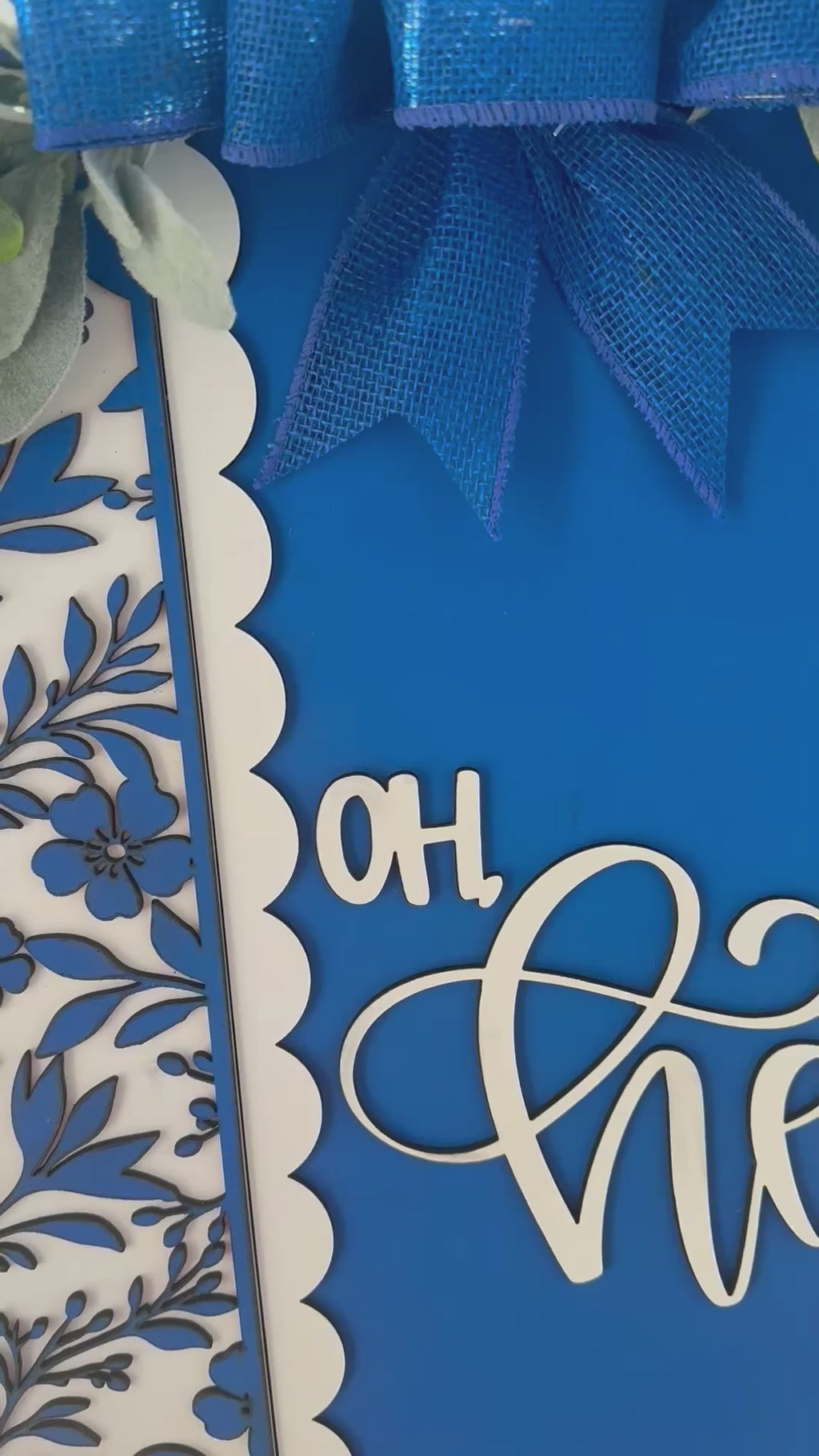 Blue and White Oh Hello Door Sign | Spring Front Door Decor | Farmhouse Porch Sign | Laser Cut Wooden Wreath