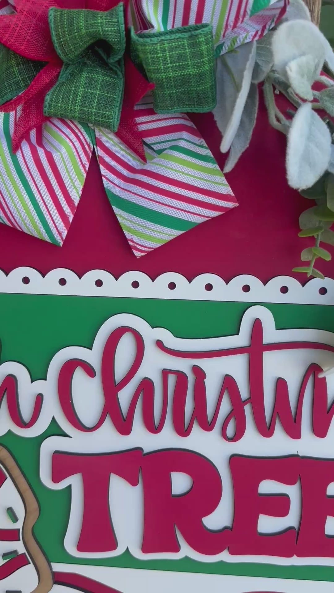 Oh Christmas Tree Cookie Door Sign – Laser Cut 3D Christmas Wreath, Holiday Front Door Hanger with Green Bow & Cookie Design (12”, 16”, 18”, 20”)