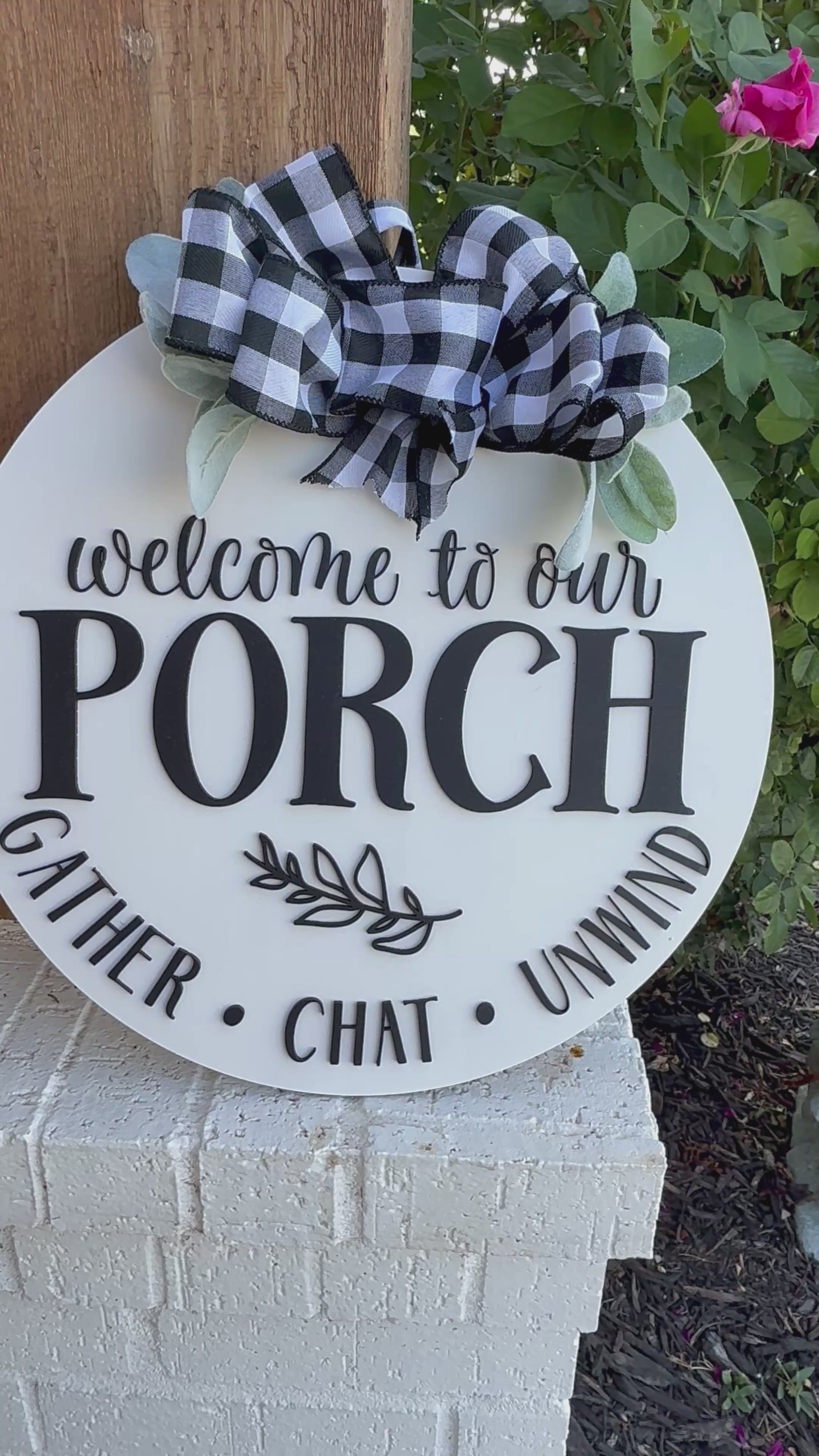 Welcome to Our Porch Sign | Gather Chat Unwind | Farmhouse Porch Decor with Bow & Greenery | Outdoor Rustic Round Door Sign