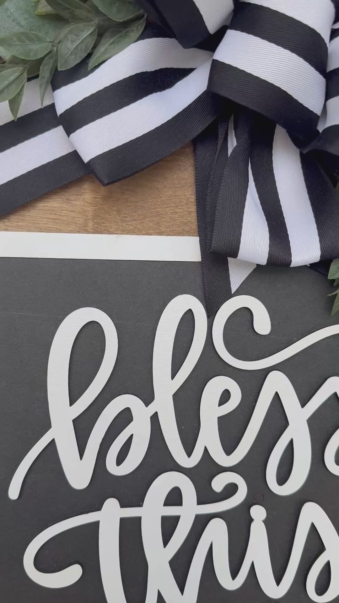 Bless This Home Door Sign – Laser Cut, Hand Painted Farmhouse Wreath with Bow & Geometric Pattern, Rustic Porch Decor, Outdoor Safe Hanger