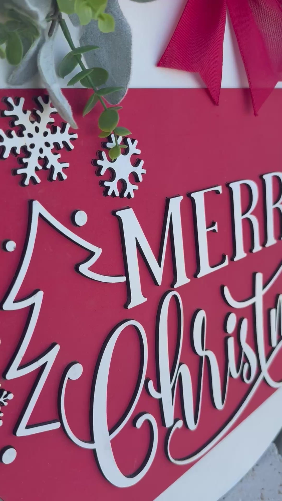 Merry Christmas Door Sign – Red Christmas Tree Door Hanger, Handmade Layered Wood Holiday Decor with Bow and Greenery