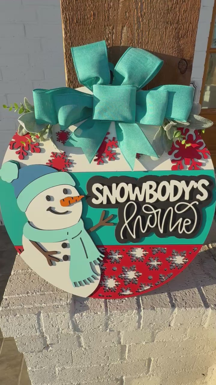 Snowbody’s Home Snowman Door Sign | Winter Christmas Porch Decor | Handmade Holiday Front Door Wreath | Festive Snowflake Wall Art