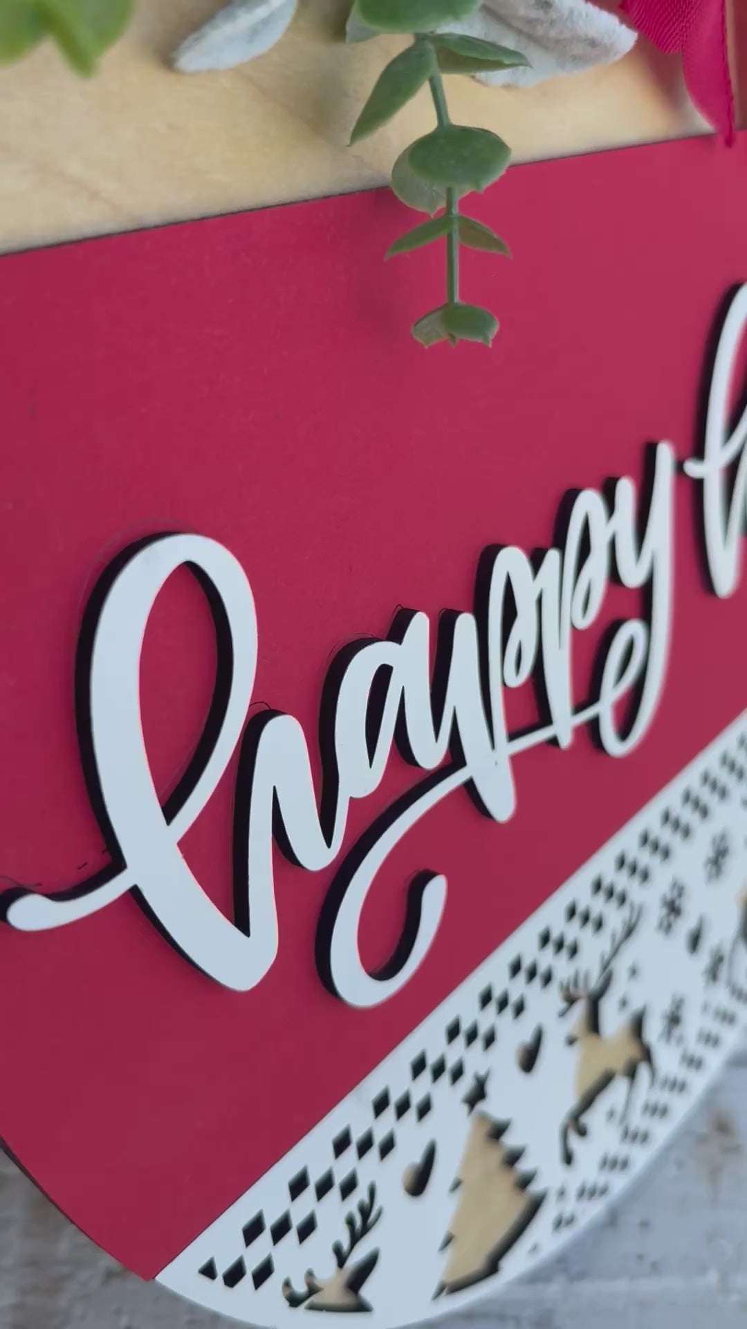 Happy Holidays Door Sign | Rustic Farmhouse Christmas Door Hanger | Red Holiday Front Porch Sign with Reindeer & Trees | Winter Decor