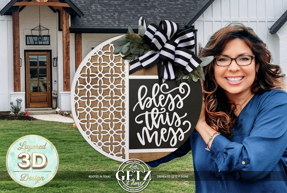 Bless This Home Door Sign – Laser Cut, Hand Painted Farmhouse Wreath with Bow & Geometric Pattern, Rustic Porch Decor, Outdoor Safe Hanger