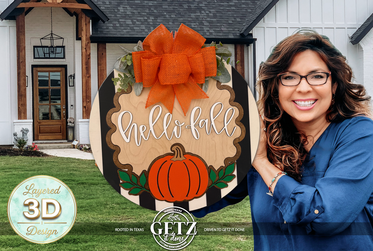 3D Layered Hello Fall Pumpkin Door Hanger | Wooden Autumn Wreath Decor