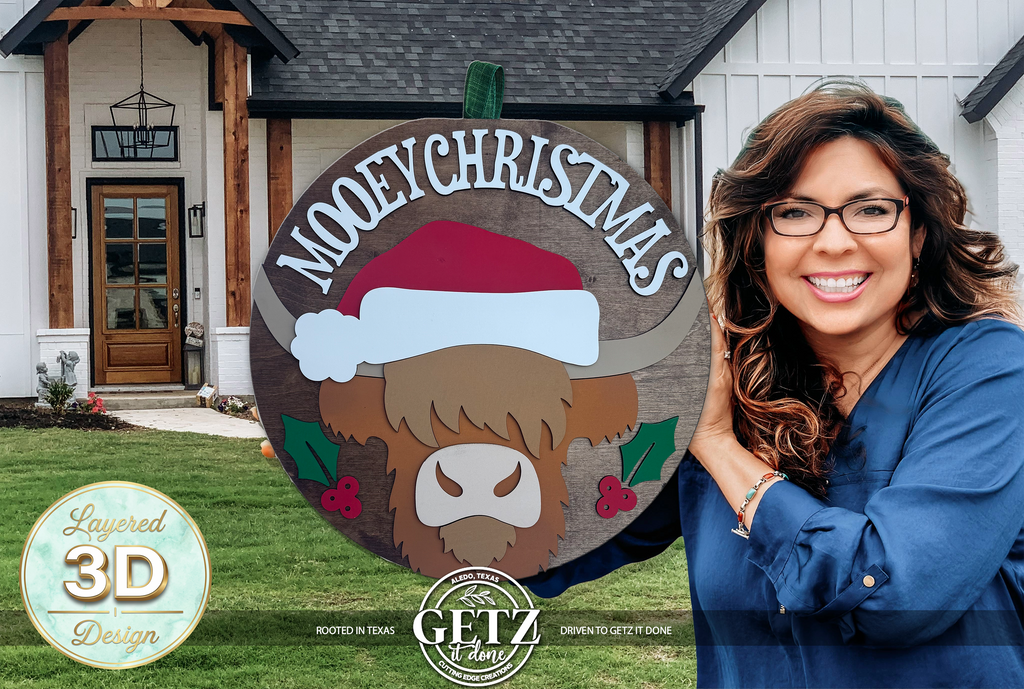 3D Layered "Mooey Christmas" Highland Cow Wooden Door Sign - Seasonal Porch Decor