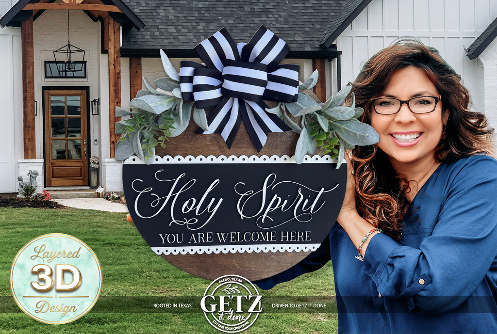 Holy Spirit You Are Welcome Here, Handmade Wood Door Sign, Door Wreath