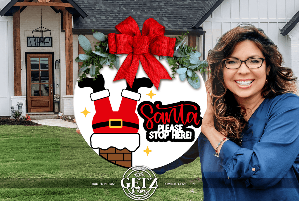 Santa Please Stop Here Door Sign • Funny Christmas Porch Decor • Santa Chimney Sign • Holiday Door Hanger • Laser Cut Layered Round - 3D Layered Wood Door Sign by Getz It Done Studio