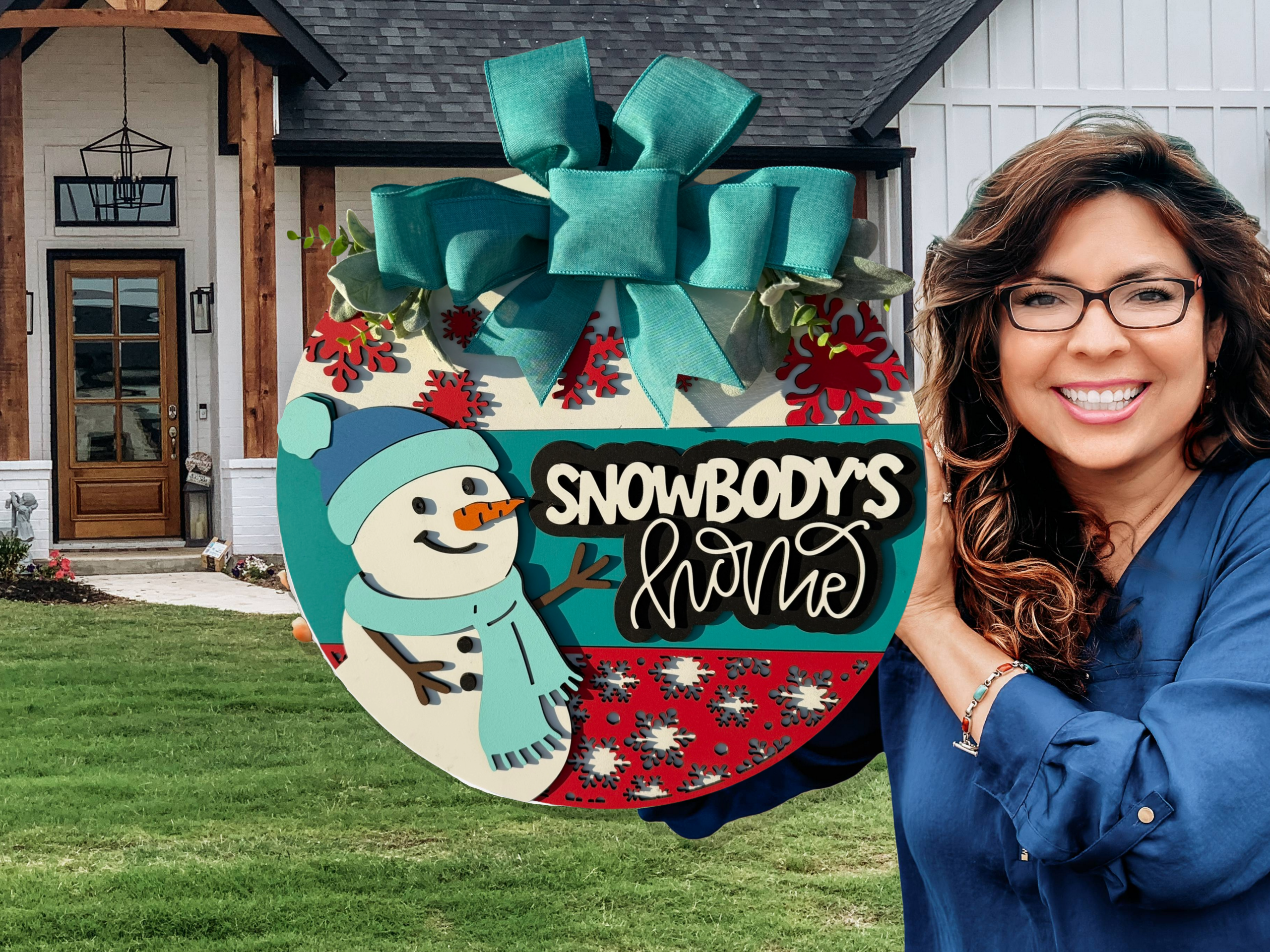 Snowbody’s Home Snowman Door Sign | Winter Christmas Porch Decor | Handmade Holiday Front Door Wreath | Festive Snowflake Wall Art